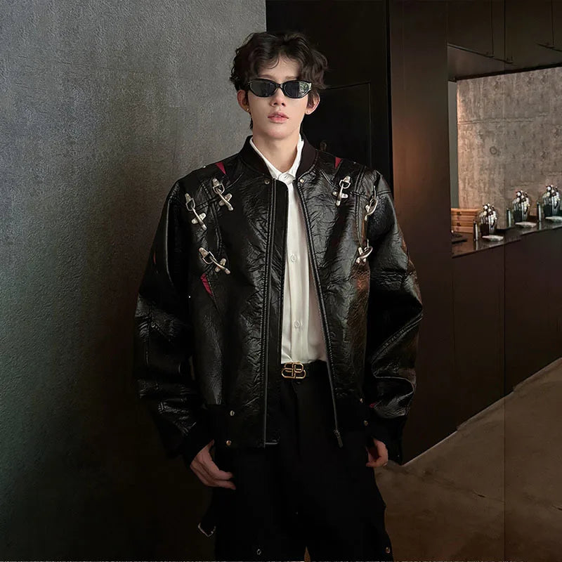 WTHT Fashion Men's Leather Spliced Metal High Street Coats Trendy American Style Zipper Lapel Jackets Male 2025 Autumn 2A2063