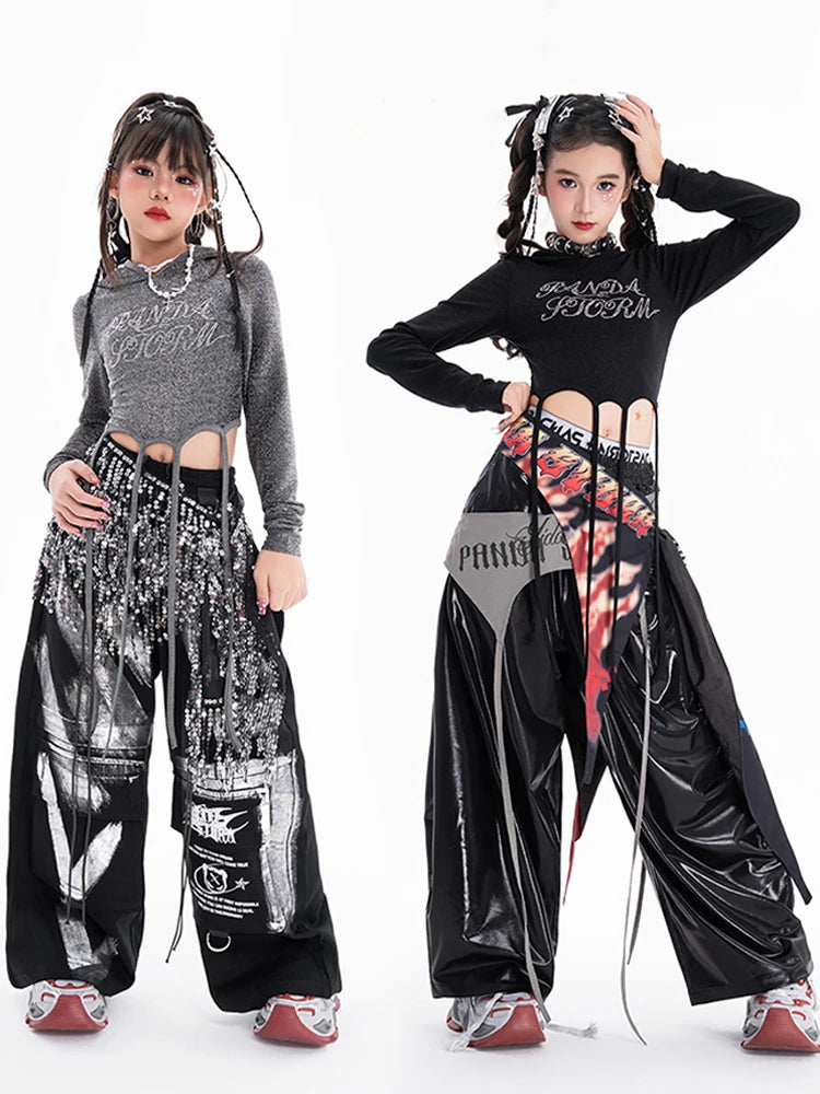 Fashion Girls Hip Hop Dance Clothing Long Sleeves Tops Baggy Pants Kids Jazz Kpop Performance Costume Street Dance Wear BL17513
