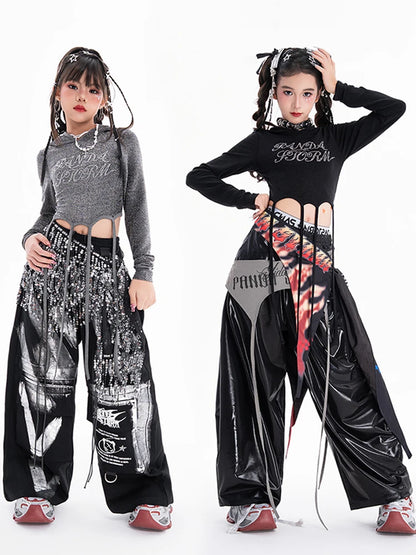 Fashion Girls Hip Hop Dance Clothing Long Sleeves Tops Baggy Pants Kids Jazz Kpop Performance Costume Street Dance Wear BL17513