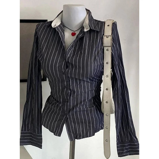 New Striped Long Sleeve Shirt Jacket Women's Summer Design Sensibility Niche slims Smooths Your Silhouette Slimm