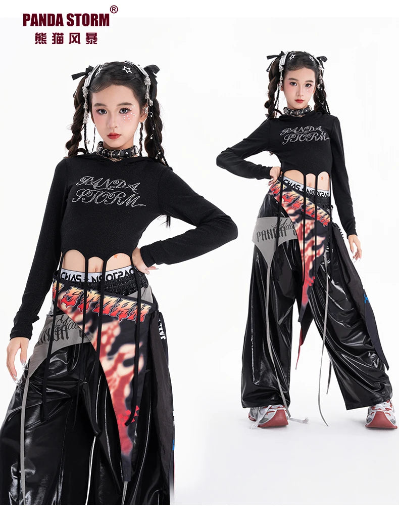Fashion Girls Hip Hop Dance Clothing Long Sleeves Tops Baggy Pants Kids Jazz Kpop Performance Costume Street Dance Wear BL17513