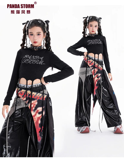 Fashion Girls Hip Hop Dance Clothing Long Sleeves Tops Baggy Pants Kids Jazz Kpop Performance Costume Street Dance Wear BL17513