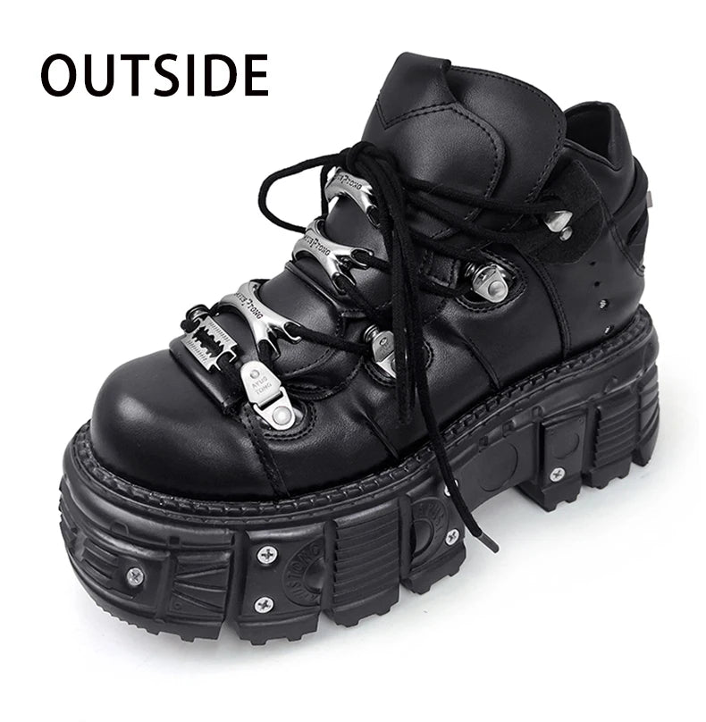 New Women Shoes Punk Style Lace-up Heel Height 6CM Platform Shoes Woman Gothic Ankle Rock Boots Metal Decor Woman Sneakers