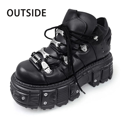 New Women Shoes Punk Style Lace-up Heel Height 6CM Platform Shoes Woman Gothic Ankle Rock Boots Metal Decor Woman Sneakers