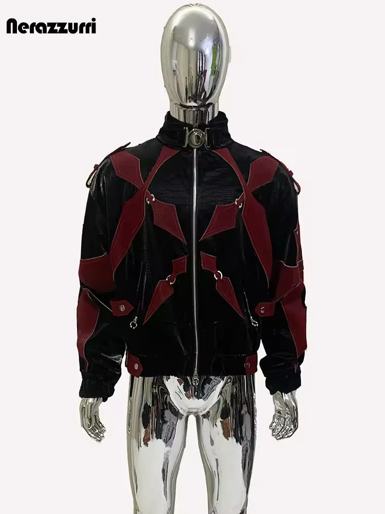 Mauroicardi Autumn Short Color Block Crocodile Print Faux Leather Jacket Men Stand Collar Luxury Designer Punk Style Emo Clothes