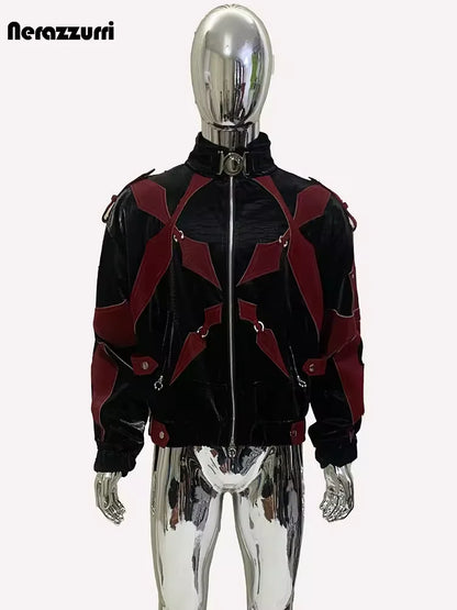 Mauroicardi Autumn Short Color Block Crocodile Print Faux Leather Jacket Men Stand Collar Luxury Designer Punk Style Emo Clothes