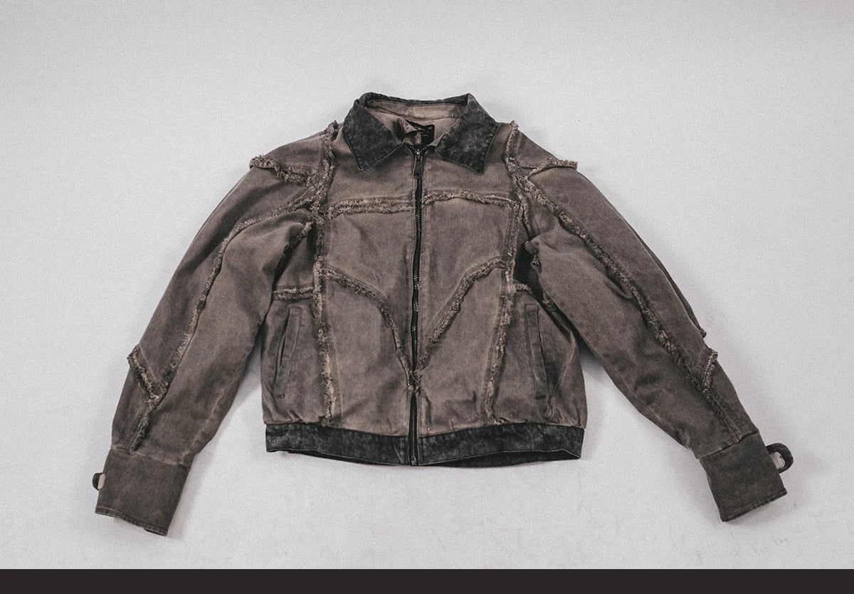 Waste Soil Style Washed Frayed Rough Edge Short Jacket Men Profile Distressed Flip Collar Coat