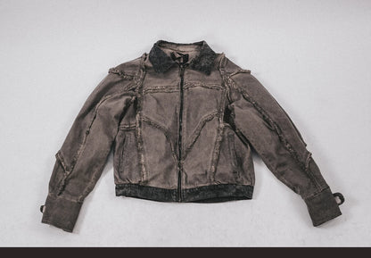 Waste Soil Style Washed Frayed Rough Edge Short Jacket Men Profile Distressed Flip Collar Coat