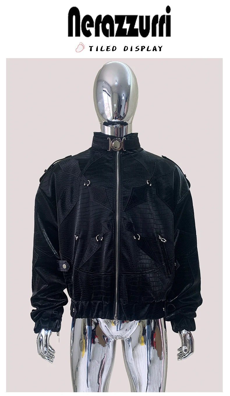 Mauroicardi Autumn Short Color Block Crocodile Print Faux Leather Jacket Men Stand Collar Luxury Designer Punk Style Emo Clothes