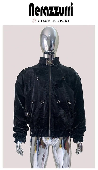 Mauroicardi Autumn Short Color Block Crocodile Print Faux Leather Jacket Men Stand Collar Luxury Designer Punk Style Emo Clothes