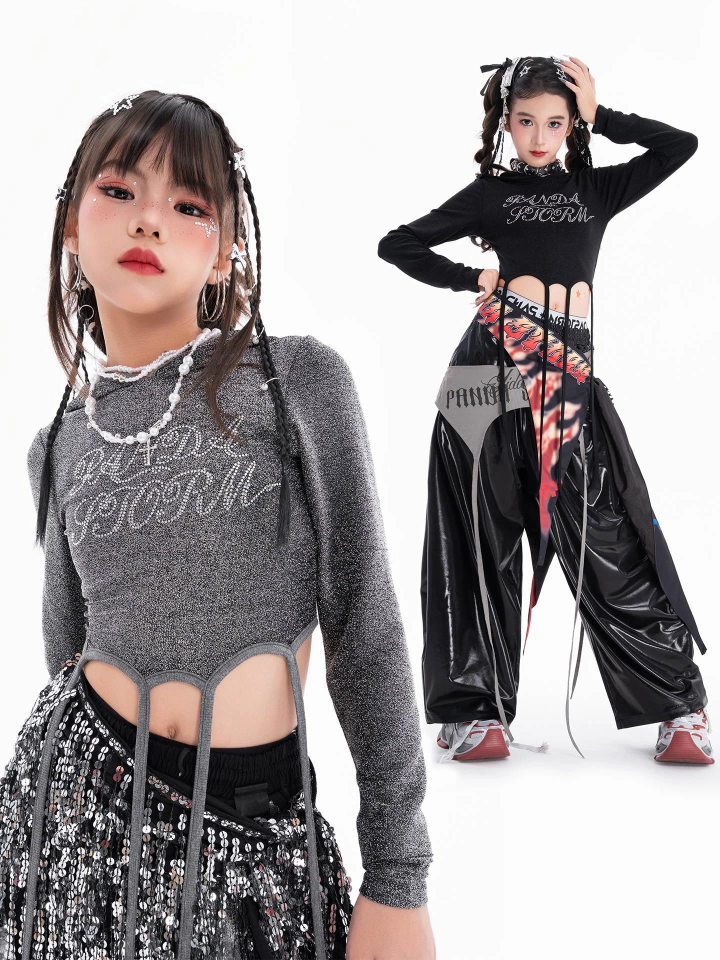 Fashion Girls Hip Hop Dance Clothing Long Sleeves Tops Baggy Pants Kids Jazz Kpop Performance Costume Street Dance Wear BL17513