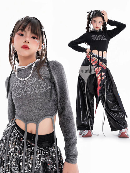Fashion Girls Hip Hop Dance Clothing Long Sleeves Tops Baggy Pants Kids Jazz Kpop Performance Costume Street Dance Wear BL17513