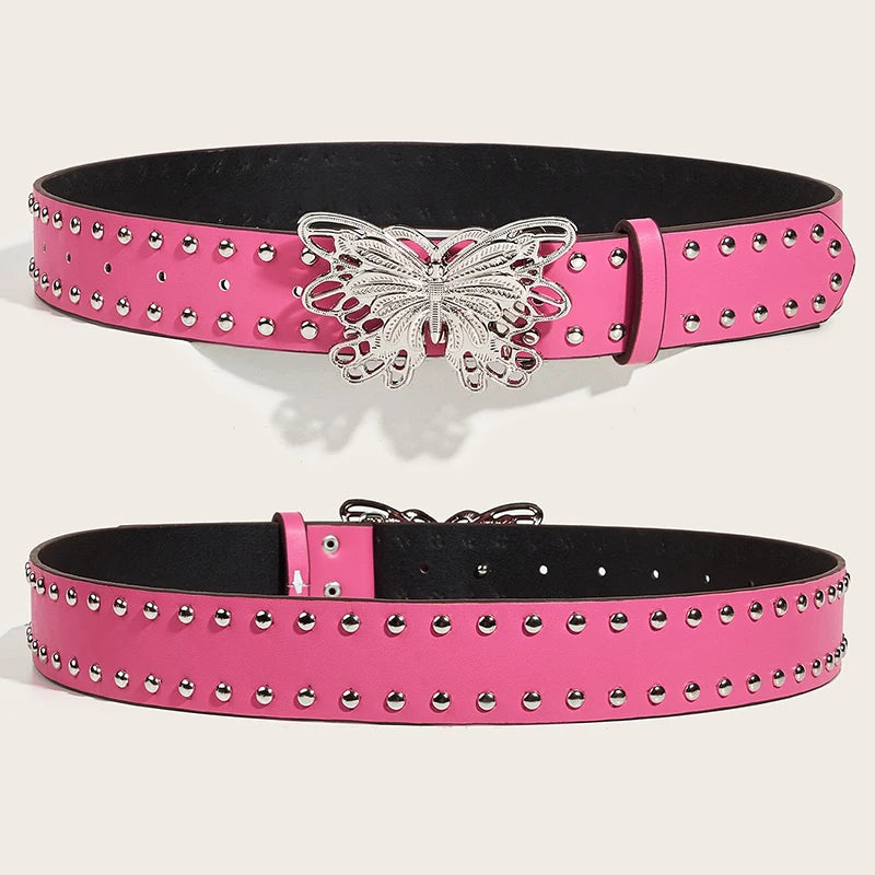 Retro Punk Style Rivet Belt For Women Girls Trendy Personality Butterfly Buckle Wide Belt Luxury Fashion Waistband Jeans Belt