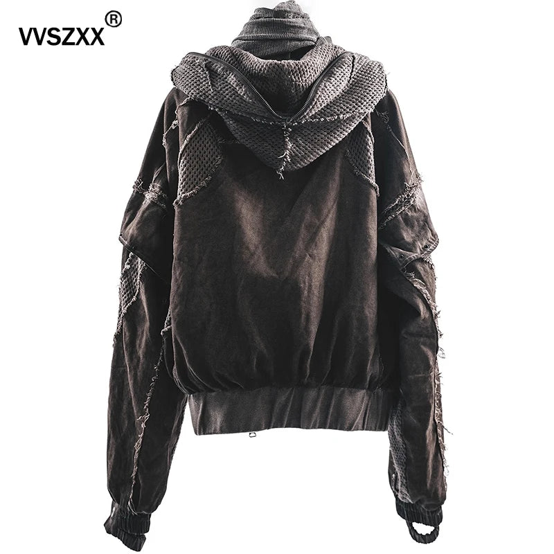 Waste Soil Style Men Stereoscopic Cut Mesh Splicing Hooded Short Jacket Washed Distressed Coat Men