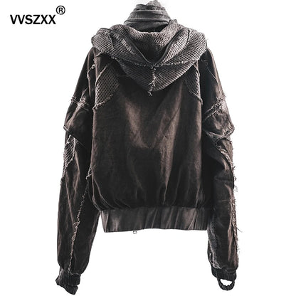 Waste Soil Style Men Stereoscopic Cut Mesh Splicing Hooded Short Jacket Washed Distressed Coat Men