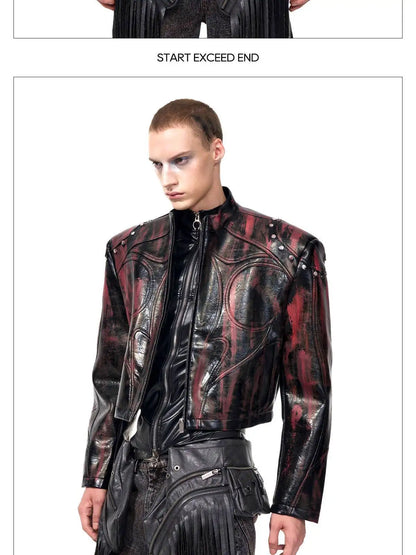 FEWQ High Street Men's PU Leather Jackets Stand Collar Shoulder Pads Dirty-dying Contrast Color Loose Male Short Coats 24K5621