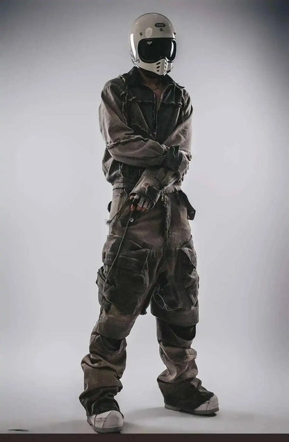 HKSH Spring Autumn New Men's Tide Punk Splice Jackets Split Burr Washed Retro Waste Land Chic Coat Dark Cotton Streetwear HK2418