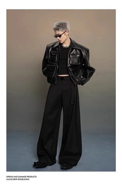 Y2K Mens PU Leather Jacket Pocket Motorcycle Coat Flip Collar Casual Gothic High Street Dark Silhouette Top Men's Wear 2025