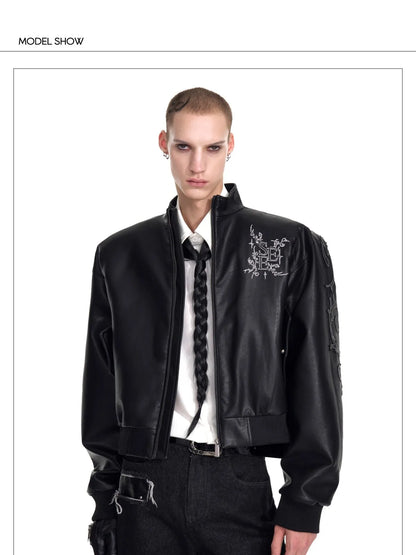 Motorcycle Style Black Short PU Leather Jacket Metal Letter Embroidered Leather Coat Men