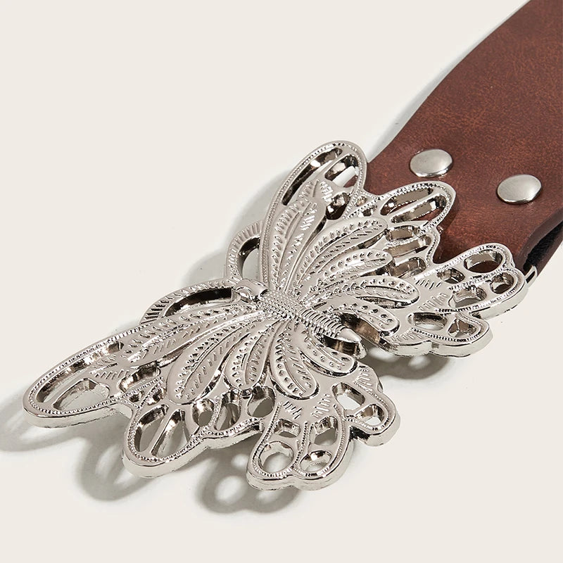 Retro Punk Style Rivet Belt For Women Girls Trendy Personality Butterfly Buckle Wide Belt Luxury Fashion Waistband Jeans Belt