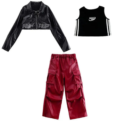 Jazz Dance Girls Clothes Kids Hip Hop Dance Costume Black Leather Crop Tops Hiphop Pants Catwalk Performance Clothing BL13600