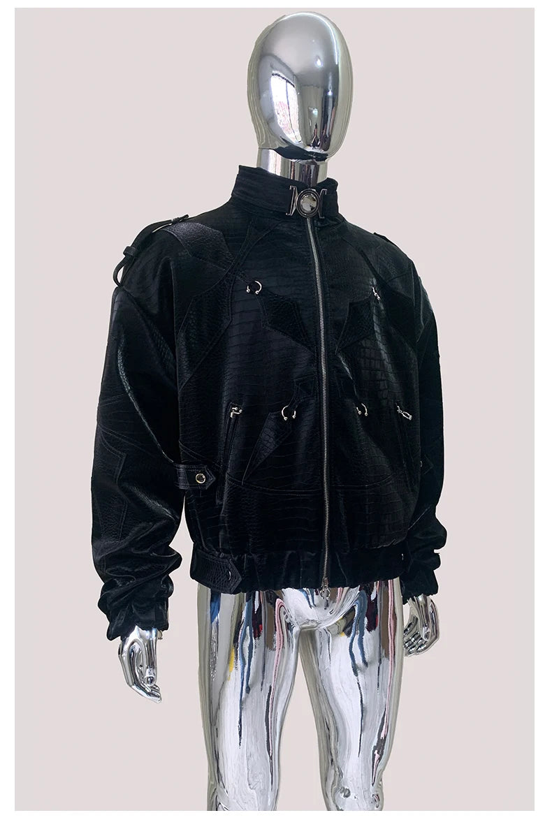 Mauroicardi Autumn Short Color Block Crocodile Print Faux Leather Jacket Men Stand Collar Luxury Designer Punk Style Emo Clothes