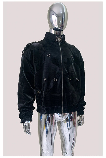 Mauroicardi Autumn Short Color Block Crocodile Print Faux Leather Jacket Men Stand Collar Luxury Designer Punk Style Emo Clothes