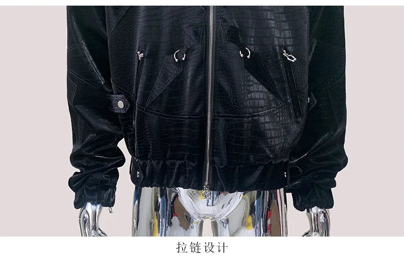 Mauroicardi Autumn Short Color Block Crocodile Print Faux Leather Jacket Men Stand Collar Luxury Designer Punk Style Emo Clothes