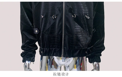 Mauroicardi Autumn Short Color Block Crocodile Print Faux Leather Jacket Men Stand Collar Luxury Designer Punk Style Emo Clothes