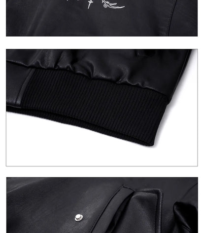 Motorcycle Style Black Short PU Leather Jacket Metal Letter Embroidered Leather Coat Men