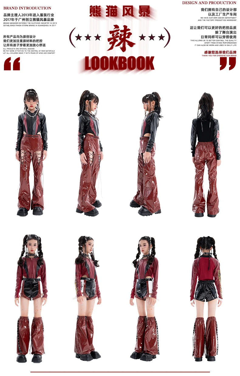 2025 Fashion Girls Jazz Dance Clothes Leather Tops Trousers Red Performance Suit Hip Hop Dance Costume Kids Stage Wear  BL18021