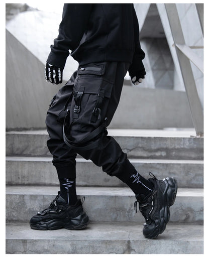 Hip Hop Tactical Cargo Pants Men Ribbons Joggers Trousers 2023 Spring Functional Elastic Waist Fahsion Streetwear Pant