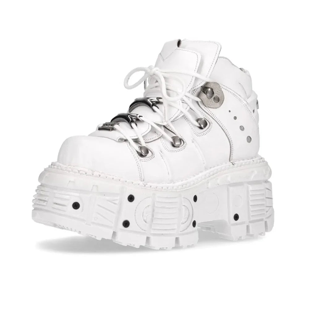 Fashion Women Motorcycle Boots Punk Thick Heel Height 8CM Flat Platform Goth Ankle Rock Boots Metal Decor Casual Sneakers