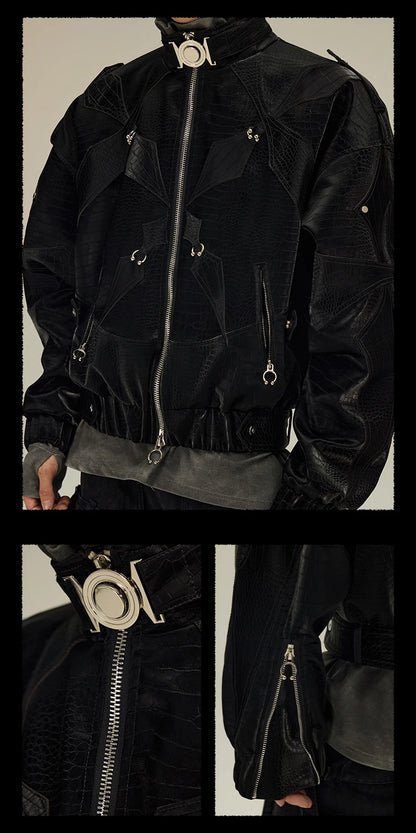 Mauroicardi Spring Autumn Cool Short Shiny Black Crocodile Print Pu Leather Jacket Men Luxury Designer Y2K Streetwear Clothes