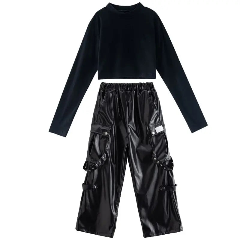 Jazz Dance Girls Clothes Kids Hip Hop Dance Costume Black Leather Crop Tops Hiphop Pants Catwalk Performance Clothing BL13600