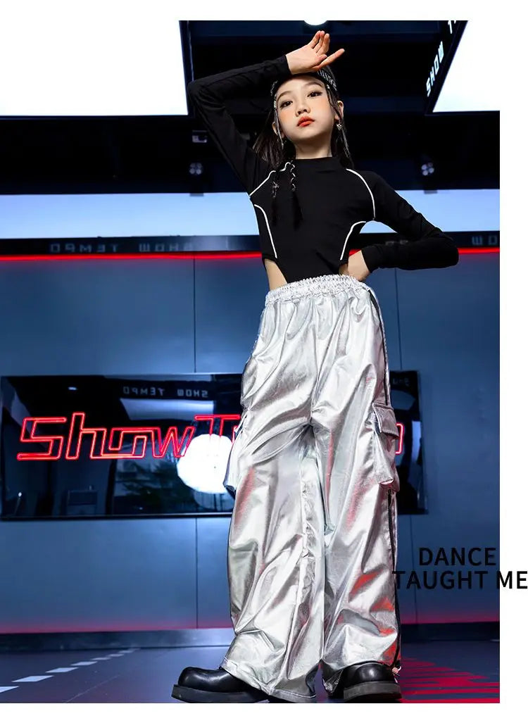 Jazz Dance Girls Clothes Kids Hip Hop Dance Costume Black Leather Crop Tops Hiphop Pants Catwalk Performance Clothing BL13600