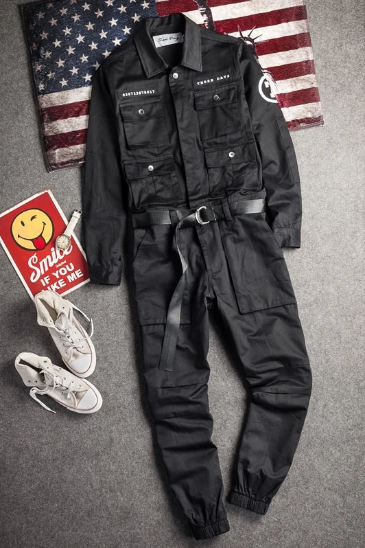 Hip Hop Workwear Pants Jumpsuit Retro Japanese Sle Men's Cuffed Long Pants Personalized Trendy Youth Loose Fit Printed