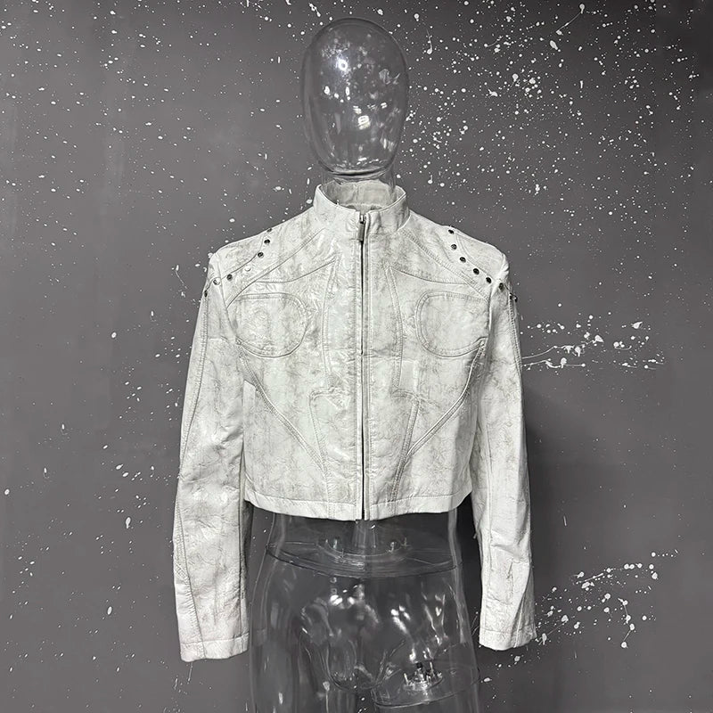 FEWQ High Street Men's PU Leather Jackets Stand Collar Shoulder Pads Dirty-dying Contrast Color Loose Male Short Coats 24K5621