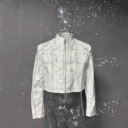 FEWQ High Street Men's PU Leather Jackets Stand Collar Shoulder Pads Dirty-dying Contrast Color Loose Male Short Coats 24K5621