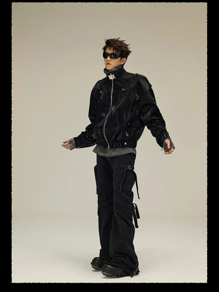 Mauroicardi Spring Autumn Cool Short Shiny Black Crocodile Print Pu Leather Jacket Men Luxury Designer Y2K Streetwear Clothes