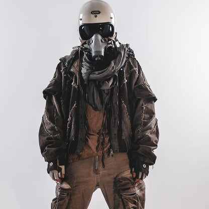 Waste Soil Style Mesh Splicing Hooded Short Jacket Washed Distressed Stereoscopic Cut Loose Coat  for Men