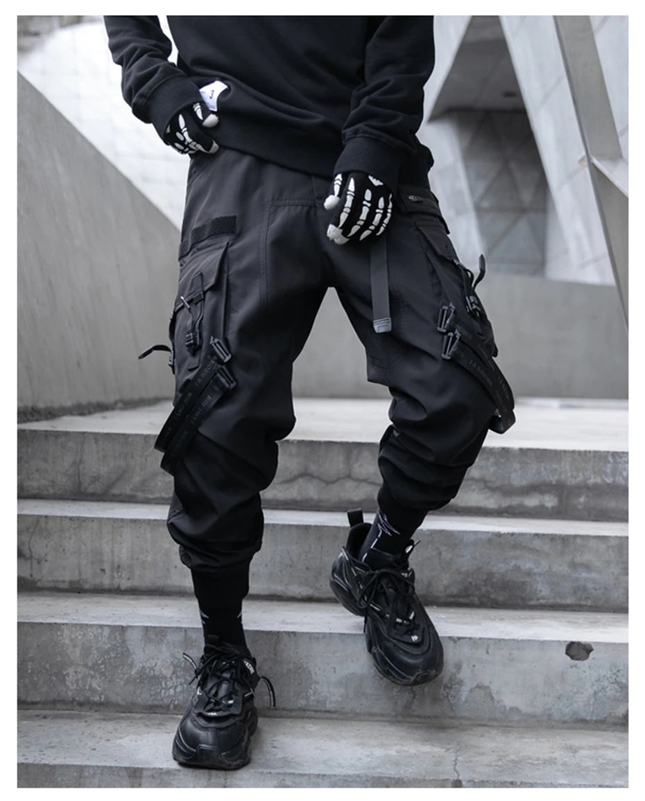 Hip Hop Tactical Cargo Pants Men Ribbons Joggers Trousers 2023 Spring Functional Elastic Waist Fahsion Streetwear Pant