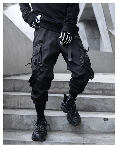 Hip Hop Tactical Cargo Pants Men Ribbons Joggers Trousers 2023 Spring Functional Elastic Waist Fahsion Streetwear Pant