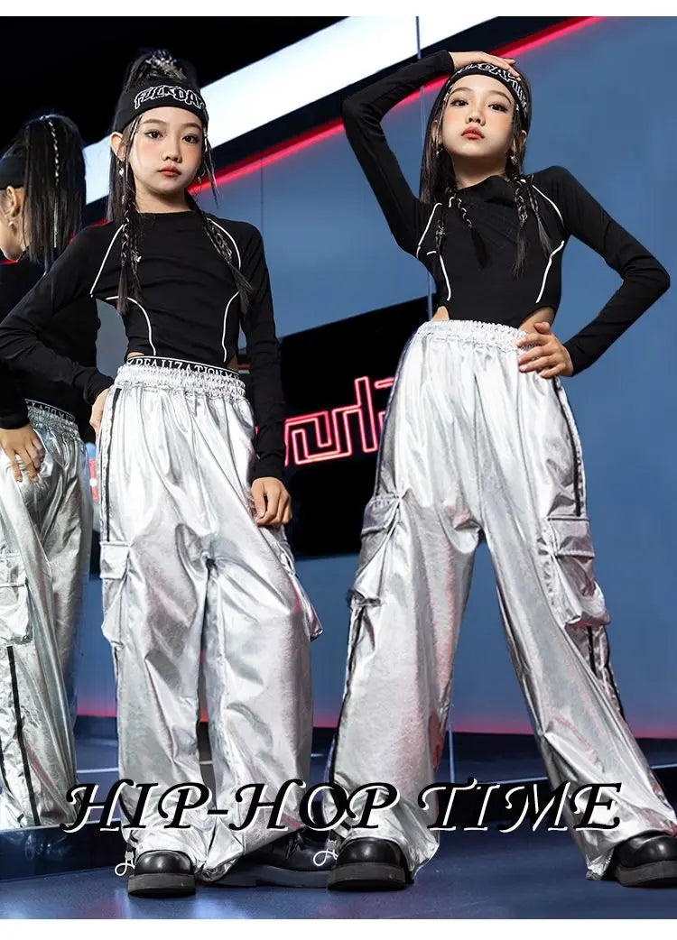 Jazz Dance Girls Clothes Kids Hip Hop Dance Costume Black Leather Crop Tops Hiphop Pants Catwalk Performance Clothing BL13600