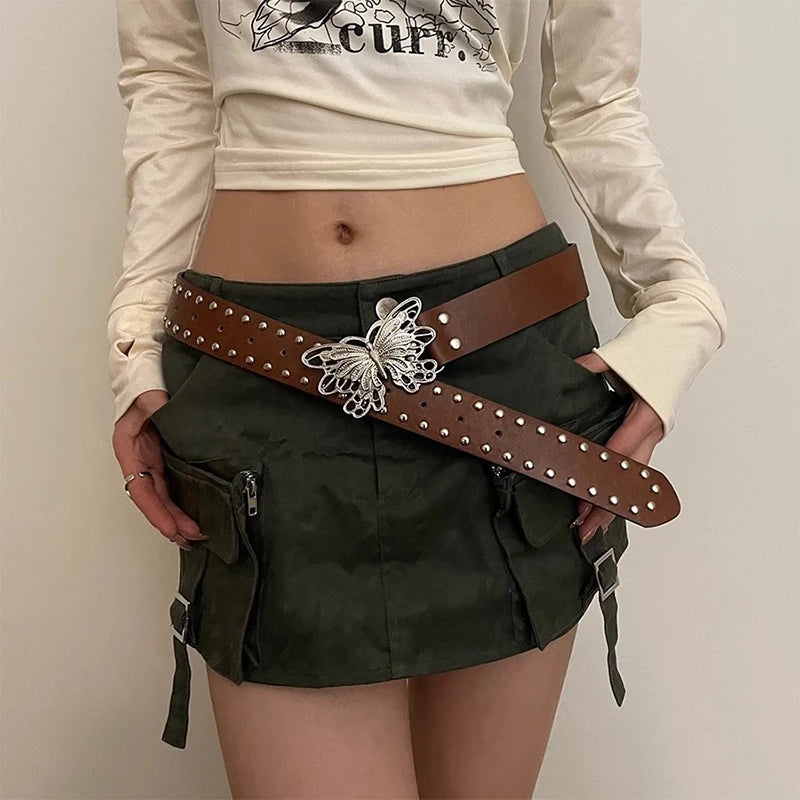 Retro Punk Style Rivet Belt For Women Girls Trendy Personality Butterfly Buckle Wide Belt Luxury Fashion Waistband Jeans Belt