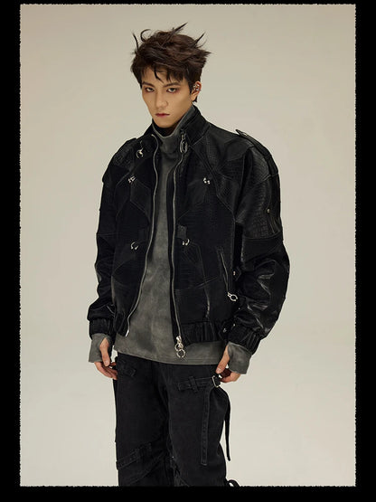 Mauroicardi Spring Autumn Cool Short Shiny Black Crocodile Print Pu Leather Jacket Men Luxury Designer Y2K Streetwear Clothes