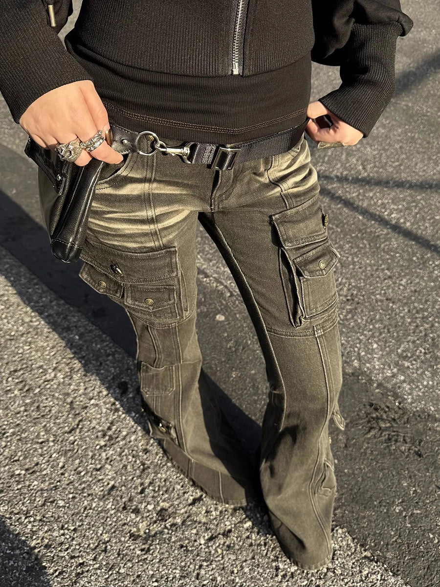 REDDACHiC Black Low Waist Cargo Jeans 2000s Distressed Whiskers Multi-pocket Stretch Bootcut Pants Women Retro Grunge Streetwear