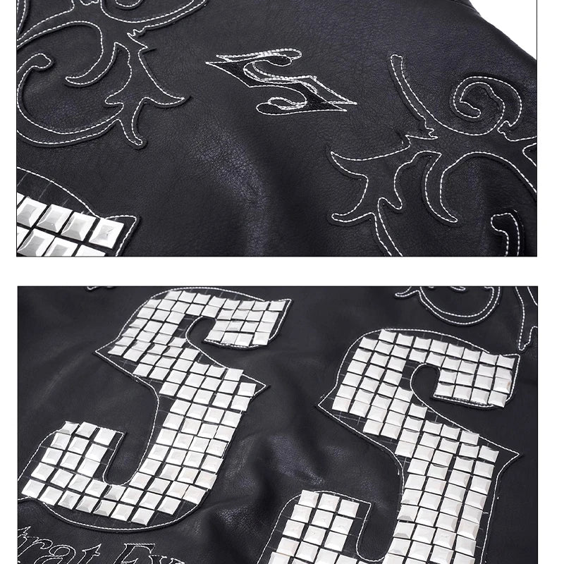 Motorcycle Style Black Short PU Leather Jacket Metal Letter Embroidered Leather Coat Men