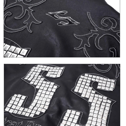 Motorcycle Style Black Short PU Leather Jacket Metal Letter Embroidered Leather Coat Men