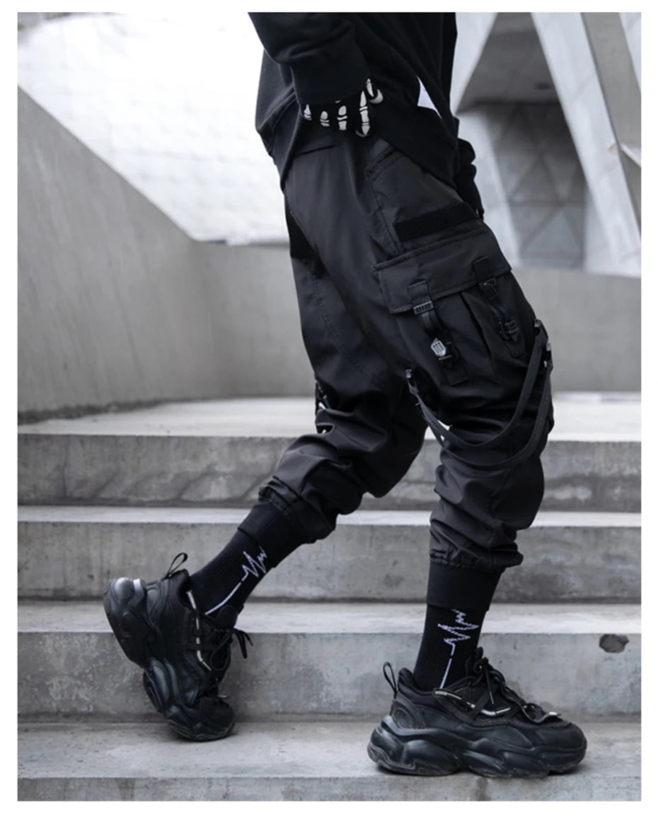 Hip Hop Tactical Cargo Pants Men Ribbons Joggers Trousers 2023 Spring Functional Elastic Waist Fahsion Streetwear Pant